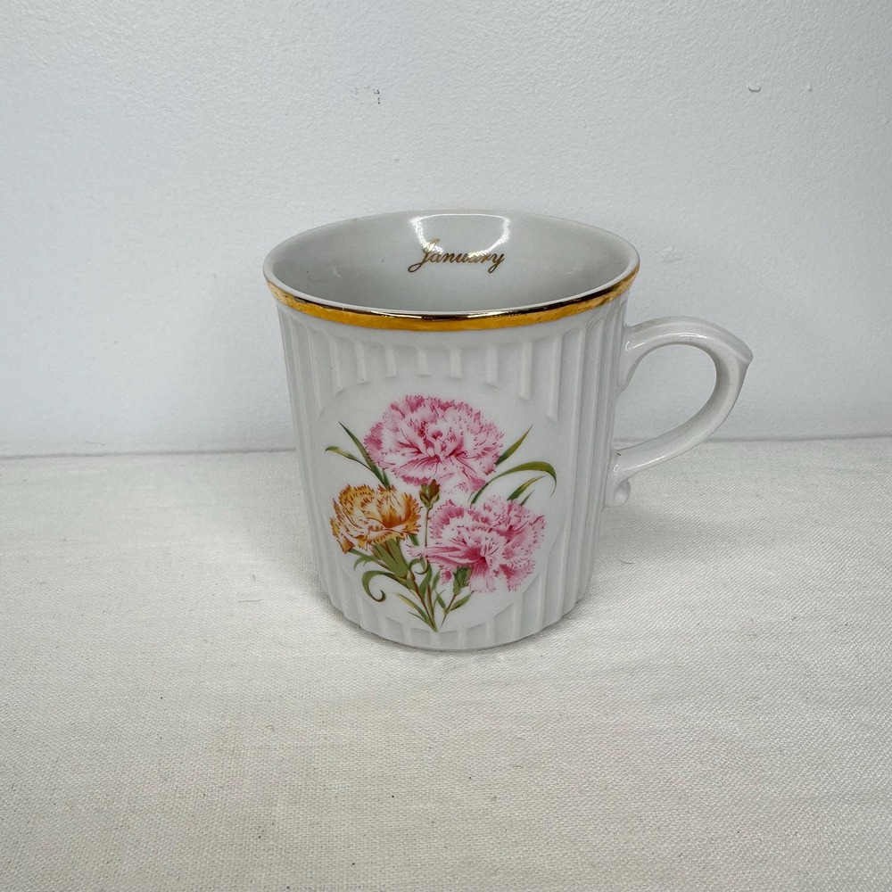 Vintage January Birth Month Carnation Mug Gold Trim Czechoslovakia Porcelain Cup